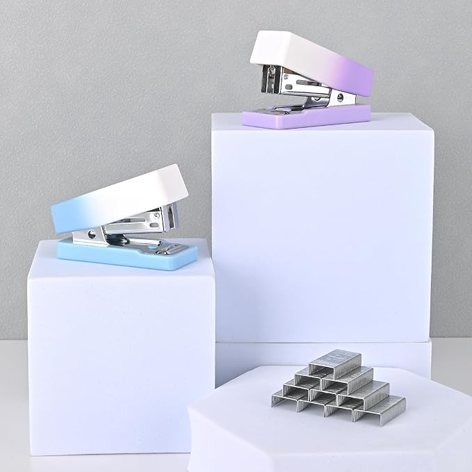 Temiary 2 Pcs Mini Desktop Stapler with Staples Standard, Small Cute Stapler for Desk, 12 Sheets Capacity, Gradient Staplers for Student or Office Use (Blue & Purple)