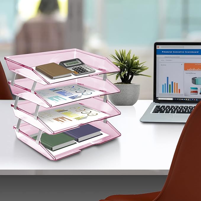 Acrimet Facility 4 Tier Letter Tray, Side Load, Letter Size/A4, Desktop File Organizer, Plastic (Clear Pink)