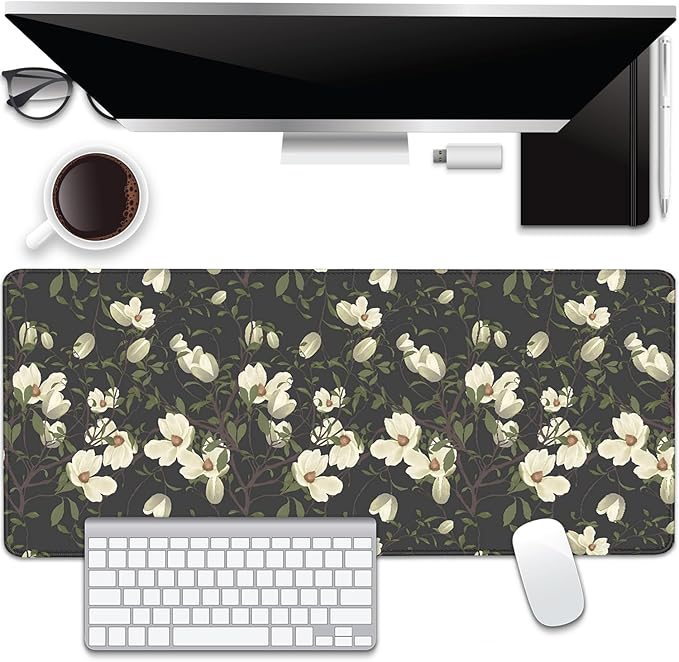 Magnolia Flowers Desk Pad Mouse Pad,Large Floral Mouse Mat with Stitched Edges,Non-Slip Rubber Base Black Mousepad for Office PC Keyboard Laptop and Home Work Desk Mat(27.5X11.8 in)