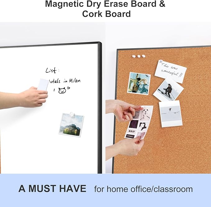 ARCOBIS Cork Board White Board Combo, Bulletin Board-Black Frame, Magnetic Dry Erase Board & Corkboard for Wall, Vision Board for Home, Office, School (Black, 48 x 30)