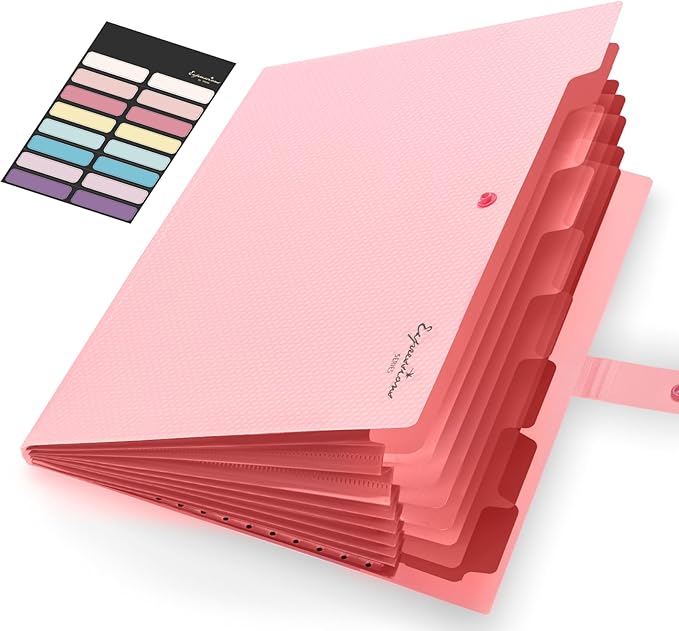 Sooez Accordion File Organizer, 8 Pocket Expanding File Folder with Labels, Letter Size Folders for Documents, Portable Paper Bill Receipt Organizer for Home School Office Supplies, Pink