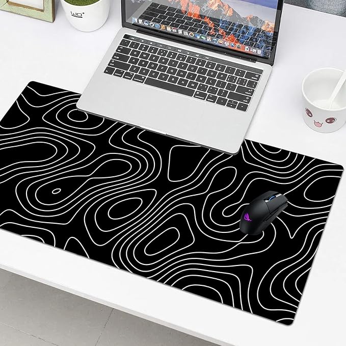 Black Topographic Desk Pad Protector, Stitched Edges Mouse Pad, Large Office Desk Mat, Non-Slip Desk Blotter, Laptop Desk Pad, Desk Writing Pad for Office and Home (31.5" x 15.7 ")