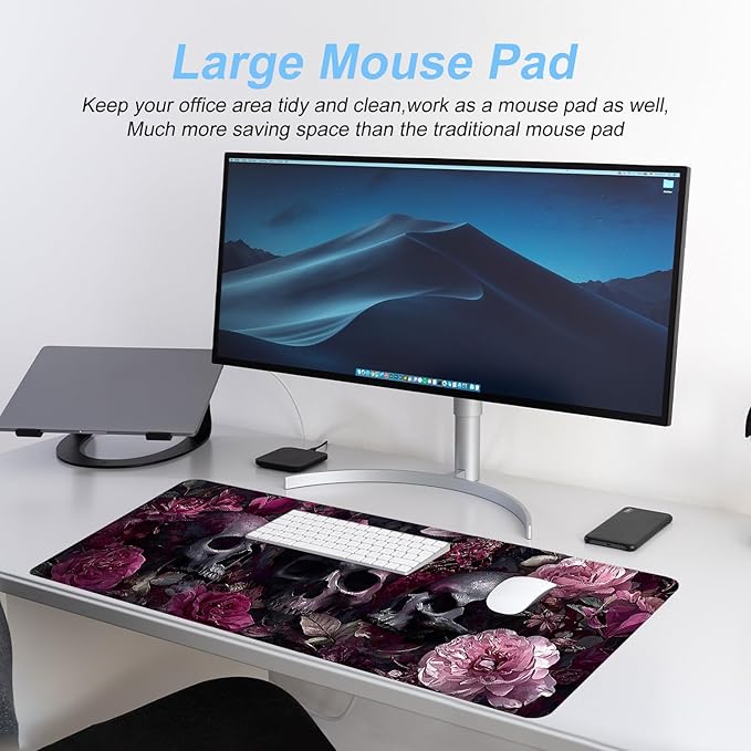 Gothic Skulls and Roses Artistic Mouse Pad – 31.5" x 11.8" Large Extended Desk Mat with Dark Floral Design – Perfect for Gothic, Victorian, and Alternative Aesthetics