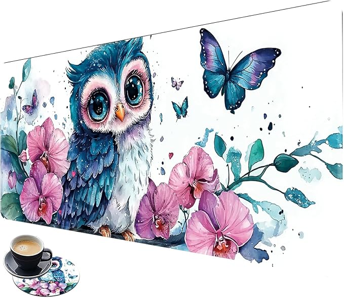 Desk Mat Large Gaming Mouse Pad (31.5x11.8 inch) with Stitched Edges, XL Mouse Pad +Coaster, Extended Mouse Mat Keybroad Mousepad Non-Slip Rubber for Gamer Men Women, Blue Owl