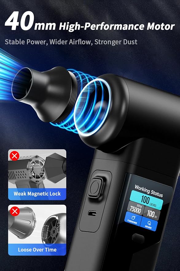 Instant Dust Removal – Electric Air Duster 130000 RPM, 40 mm Motor, 8000 mAh Battery & 30 W Fast Charge, TFT Screen, 300-Speed Control, Rechargeable Compressed Air Blower for PC & Electronics