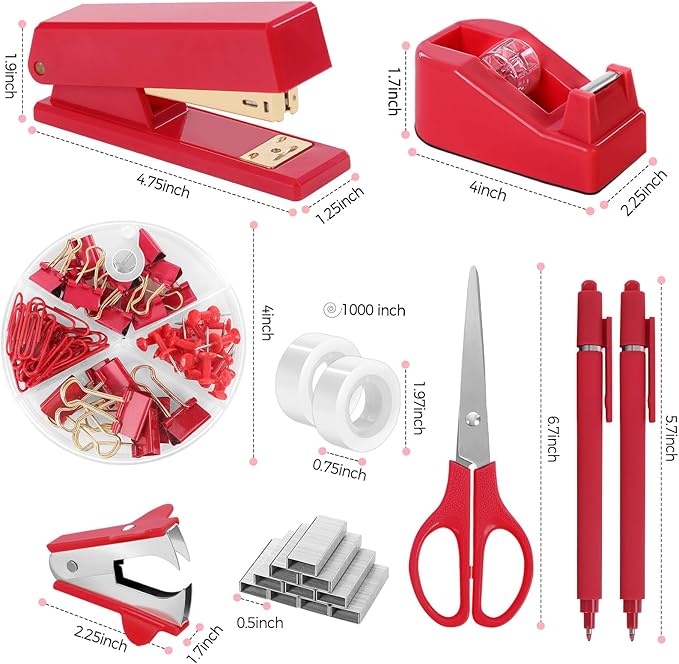 SKYDUE Red Office Supplies Set, Desk Accessories, Stapler, Tape Dispenser, Scissors, Binder/Paper Clips and 1000pcs Staples, Office Decor for Women