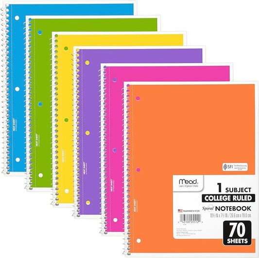 Mead Spiral Notebook, 6 Pack, 1 Subject, College Ruled Paper, 7-1/2" x 10-1/2", 70 Sheets per Notebook, Assorted Bright Colors (830050-ECM)