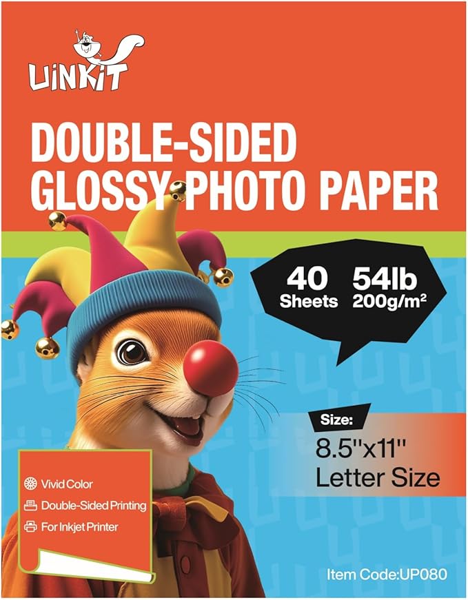 Uinkit Double Sided Photo Paper Glossy 40 sheets 8.5x11 54lbs Inkjet for Dye Ink 200Gsm Picture 8.5 x 11 9.5Mil for Inkjet Printing Printer