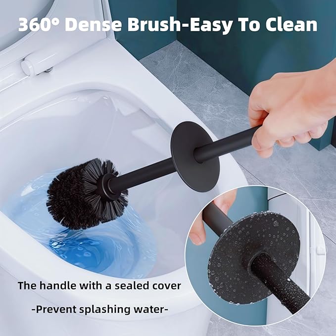 Wall Mounted Brush,Round Toilet Brush with Metal Handle Holder,304 Stainless Steel Toilet Bowl Brush and Holder Set for Toilet and Bathroom Cleaning (Matt Black) ﻿