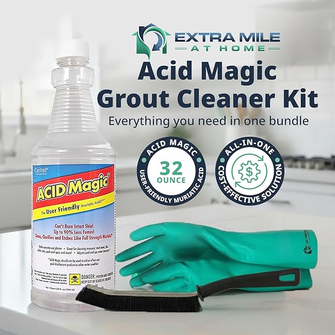Extra Mile at Home Acid Magic 32 oz Grout Cleaner Bundle with Heavy-Duty Gloves & Grout Brush - 3 Items - Shower Tile Cleaner Removes Limescale, Calcium & Buildup on Swimming Pools and Floors