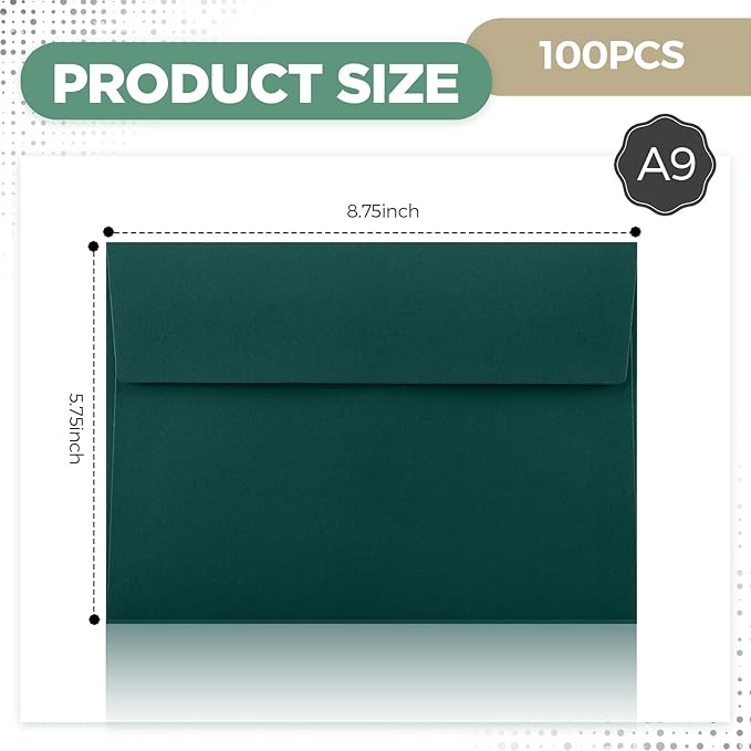 Harloon 100 Pcs A9 Envelopes 5.75 x 8.75 Inch Self Adhesive Wedding Invitation Envelopes Paper Greeting Card Envelopes for Photos Documents Letters Announcements Baby Shower Office (Dark Green)