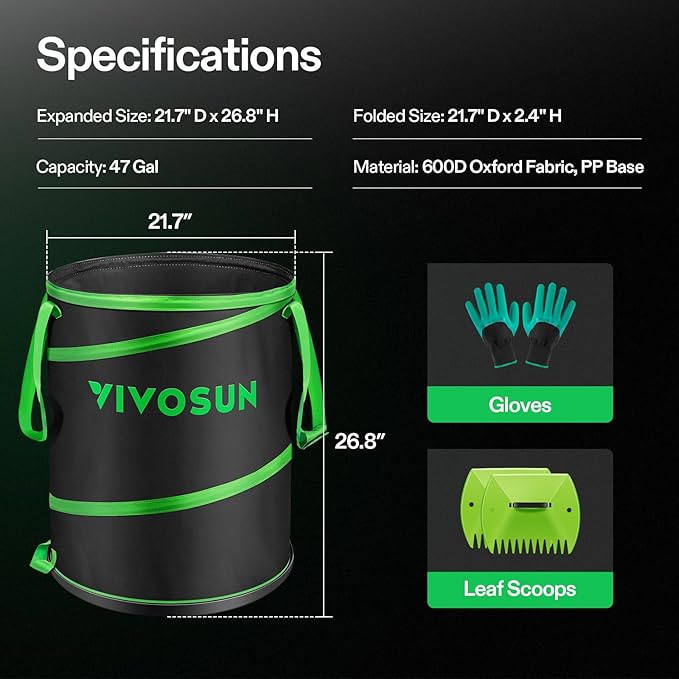 VIVOSUN 47-Gallon Collapsible Trash Can, Reusable Pop-Up Garden Bag with Hard-Shell Bottom, Leaf Scoops and Gloves, Yard Waste Container for Lawn Care and Camping