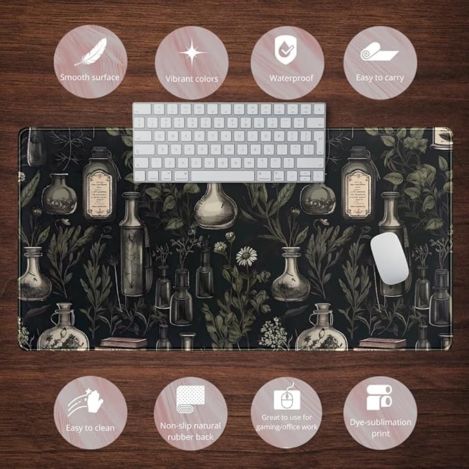 Black Aesthetic Desk Mat - Vintage Large Gaming Flower Mouse Pad XXL Plant Wildflower Mousepad Extended Laptop Computer Keyboard Mat for Women Girl Office Decor 31.5x15.8 in