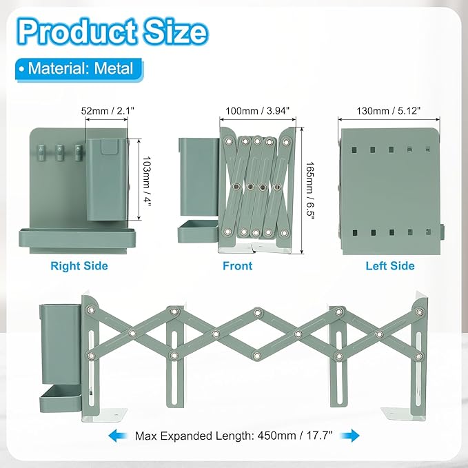 PATIKIL Adjustable Book Ends, 6.5" Tall Heavy Duty Metal Adjustable Bookends Book Holders Organizer with Removable Pen Holder Tray and 3 Hook-up for Heavy Books Desk Office Home, Green