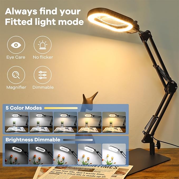 10X Rectangle Magnifying Glass with Light and Stand, Real Glass Lighted Magnifier Hands Free, Mechanical Knob 5 Color Modes Stepless Dimmable, 2-in-1 LED Desk Lamp with Clamp for Close Work, Reading