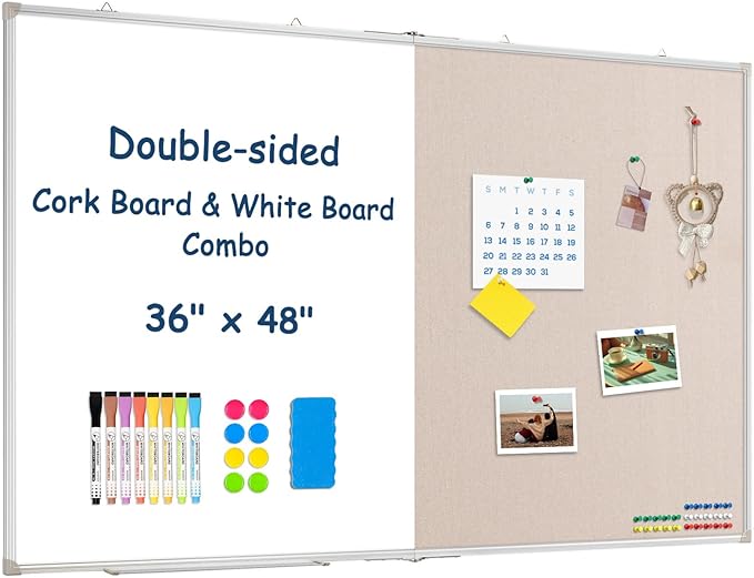 Large White Board Dry Erase Foldable Bulletin Board Combo, 48" x 36" Double Sided Dry Erase Board for Wall, Magnetic Whiteboard Bulletin Board with Linen for Office, Home, School, Kitchen -White