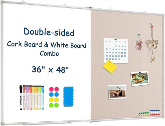 Large White Board Dry Erase Foldable Bulletin Board Combo, 48" x 36" Double Sided Dry Erase Board for Wall, Magnetic Whiteboard Bulletin Board with Linen for Office, Home, School, Kitchen -White