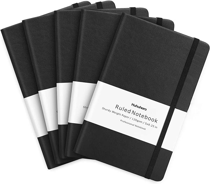 Huhuhero Lined Journal Notebook, 5 Pack Black Hardcover Notebooks for Work Women Men, 120Gsm Thick Paper Leather Journals for Writing Note Taking Business, Journaling School Supplies 5"×8.25"