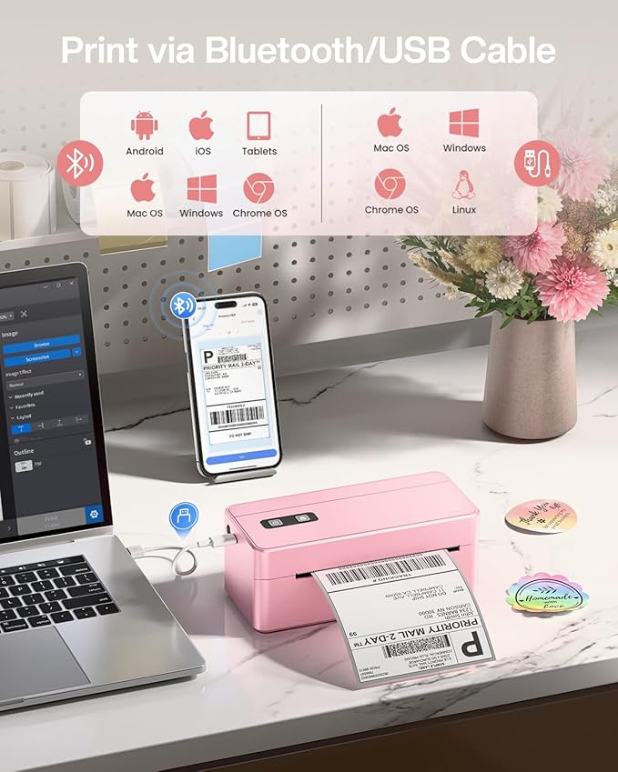 Bluetooth Thermal Shipping Label Printer, 2410BT 4x6 Label Printer for Small Business, Pink Label Printers Compatible with iPhone/Android & PC, Widely Used for Ebay, USPS, FedEx, Tiktok