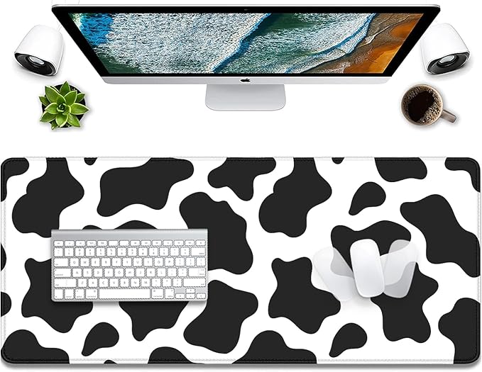 Cow Print Desktop Mouse Pad,Desk Mouse Mat with Non-Slip Stitched Edges,Desk Pad Mouse Pad for Laptop PC,Keyboard Mouse Mat Desk Pad for Home Work Office(27.5X11.8 in)