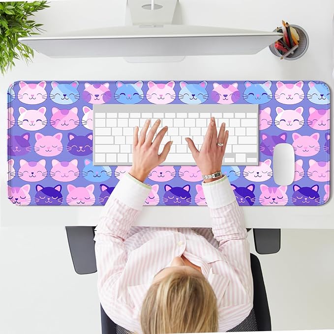 Purple Cute Cat Gaming Desk Mat, Extended Large Minimalist Kawaii Animal Aesthetic Mouse Pad, Computer Keyboard Laptop Mousepad for Work, Office and Home, XL
