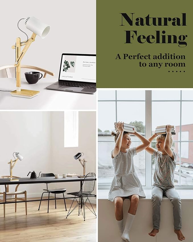 ELYONA Wireless Charging White Desk Lamp, Touch Control Rubber Wood Table Lamp with USB Charging Port, Swing Arm Reading Task Lights for Office, Dorm, Living Room Bedroom, Farmhouse, Bulb Included