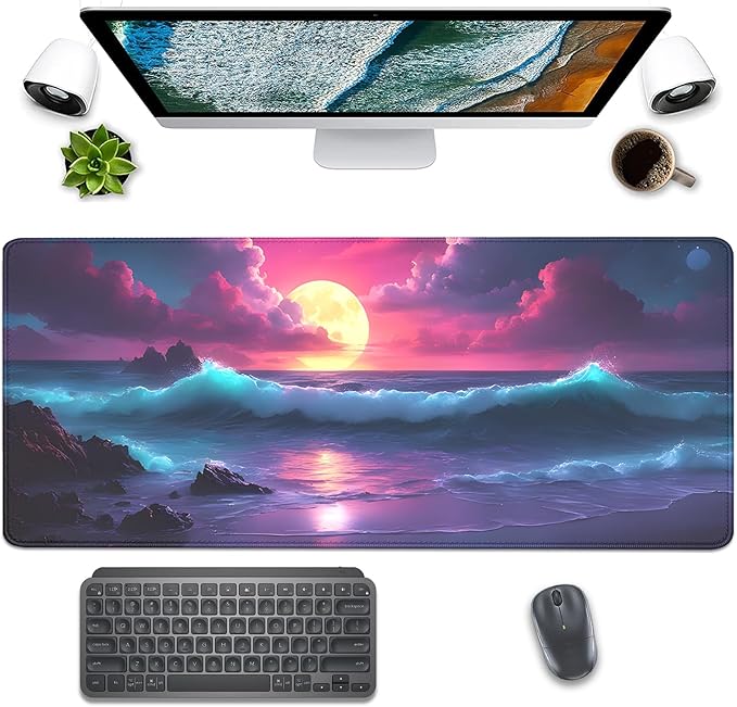 Colorful Clouds Sunset Waves Extended Desk Pad Mouse Pad,Stitched Edges Non-Slip Rubber Base XL Mouse Mat Desk Mat for Office Home Work Mousepad(27.5X11.8 Inch)