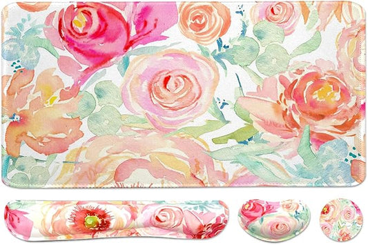 Large Mouse Pad Set, Cute Extended Mouse Pad+Keyboard Wrist Rest Support Desk Pad Memory Foam Ergonomic Easy Typing, 35.4×15.7 in Desk Mat Set for Home Office Study Game - Flowers