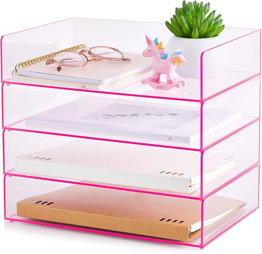 Harloon 4 Tier Acrylic Paper Tray Paper Organizer for Desk Clear File Organizer 12. 4 x 8. 7 x 2. 7 Inches File Tray for Office Workspace Desktop Storage, No Need to Assemble (Transparent Pink)
