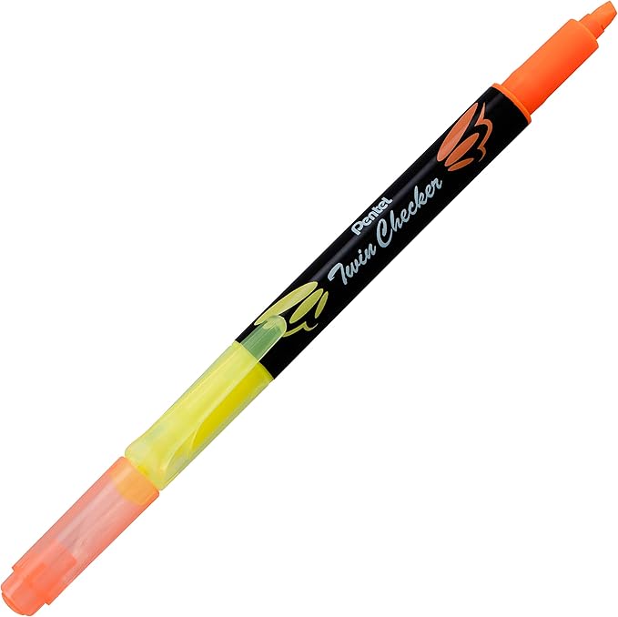 Pentel Twin Checker Dual-tip Highlighter, Chisel Tip, Yellow/Orange Ink, Pack of 12 (SLW8-GF)