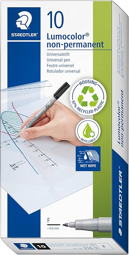 Staedtler Lumograph Non-Permanent Wet Erase Marker Pens, Fine Tip Refillable Colored Marker, Black, 315-9