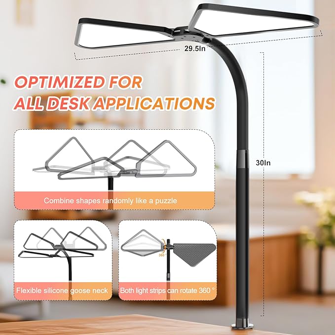 Ultra-Large Dual-Source Clamp-On Gooseneck Desk Lamp | Super Bright LED Study Light with Flexible Arms, 5 Brightness & 4 Color Modes for Home Office/Reading/Gift