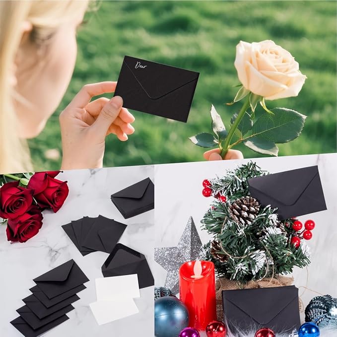 50 Sets Black Mini Envelopes with Blank Gift Cards, Business & Note Cards - Wedding Invitation, Graduation, Holiday Pocket Envelopes 4x2.75" Bulk for Party Favors & Scrapbooking
