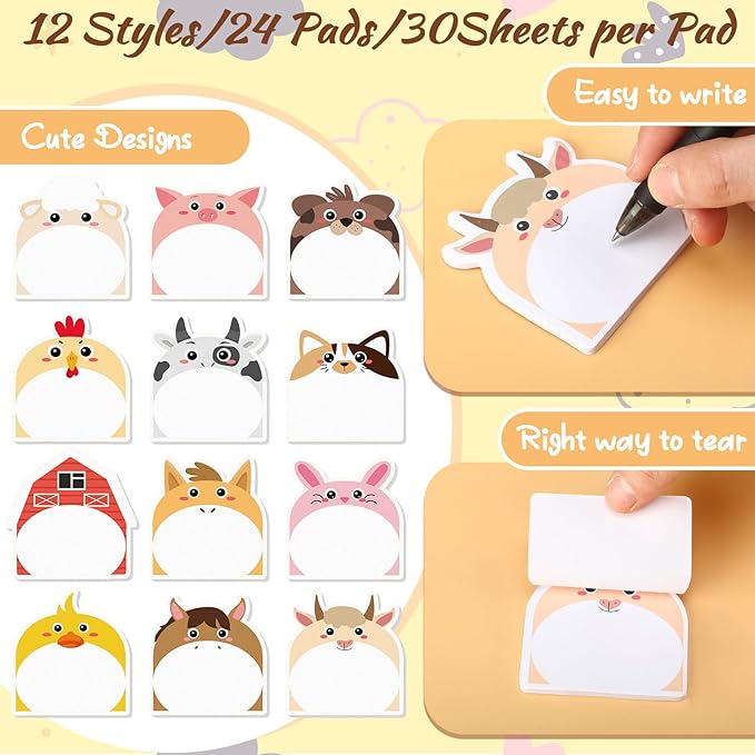 Yinder 24 Pads Cute Sticky Notes Kawaii Fun Animal Sticky Notes Pads Bulk Cartoon Memo Self Adhesive for Veterinary Gift Office School Tab Party Supplies(Farm Animals)