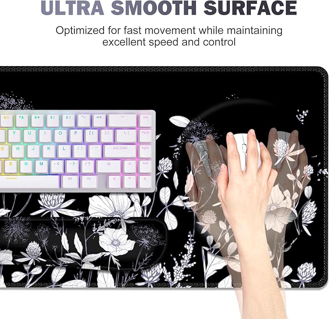 Gaming Mouse Pad, Large Desk Mat, Cute Desk Pad Protector, 4in1 XXL Mousepad + Keyboard Wrist Rest+Mouse Wrist Rest+Coaster Set with Ergonomic Desk Pad for Home Office PC Computer, Black White Flowers