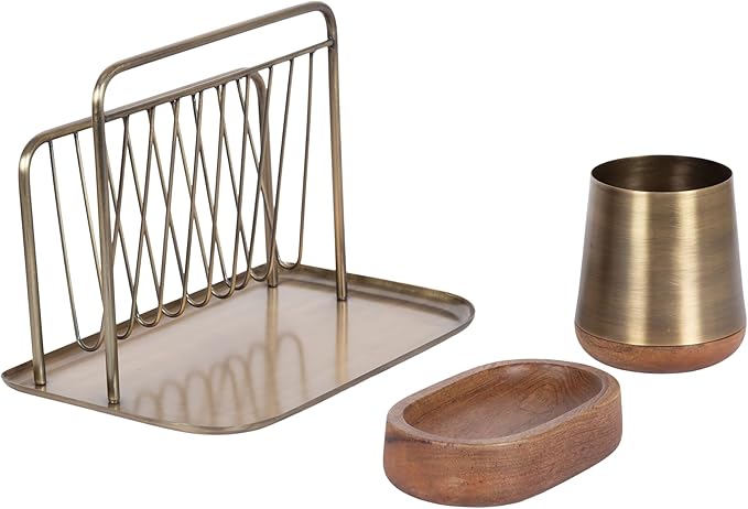 Kate and Laurel Koni Modern Three-Piece Home Office Organization Set, 13 x 8 x 9, Walnut Brown and Antique Brass, Wood and Metal Organizational Set for Office with File Folder Holder