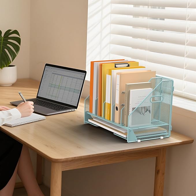 Desk File Folder Holder Organizer-5 Vertical Compartments Racks and Paper Letter Tray,Mesh Magazine File Holder Sorter,Desktop Accessories & Workspace Organizers for Home,Office,School-Blue