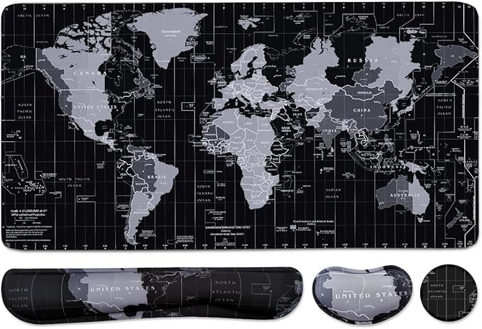 Large Mouse Pad Set, Cute Extended Mouse Pad+Keyboard Wrist Rest Support Desk Pad Memory Foam Ergonomic Easy Typing, 35.4×15.7 in Desk Mat Set for Home Office Study Game - World Map