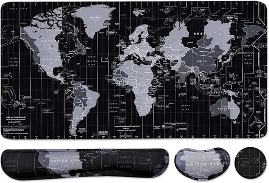 Large Mouse Pad Set, Cute Extended Mouse Pad+Keyboard Wrist Rest Support Desk Pad Memory Foam Ergonomic Easy Typing, 35.4×15.7 in Desk Mat Set for Home Office Study Game - World Map
