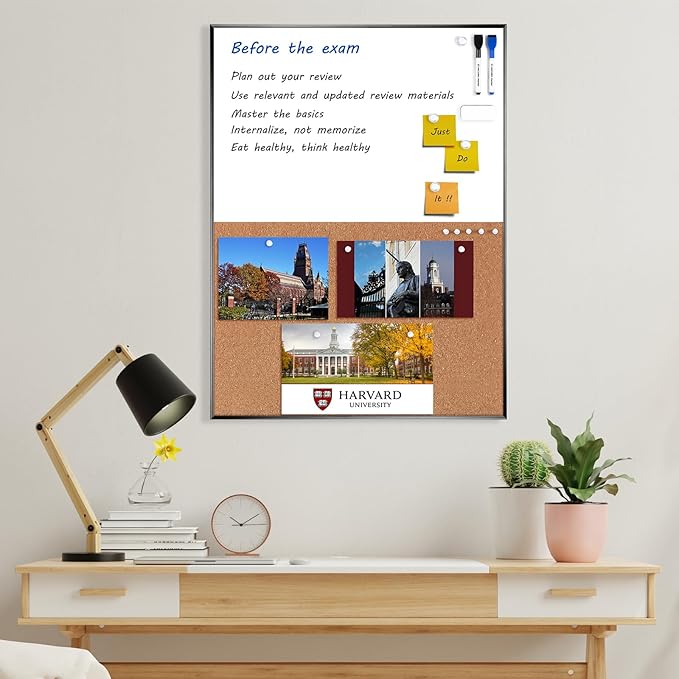 ARCOBIS Cork Board White Board Combo, 24 x 18 Inch Bulletin Board, Magnetic Dry Erase Board & Corkboard for Wall, Vision Board for Home, Office, School, Black Frame