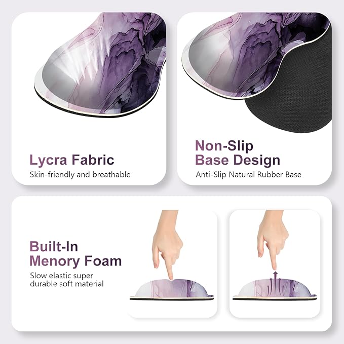 Gaming Mouse Pad Keyboard Wrist Support, 4 in1 Mousepad Set with Wrist Keyboard Rest, Computer Desk Mat, Non-Slip Desk Pad Protector with Memory Foam Easy Typing Pain Relief I Purple Marble