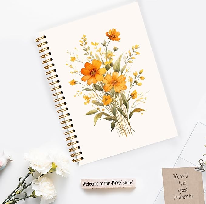 JWVK Rustic Orange Floral Spiral Notebook, Cottagecore Wild Flower Botanical Notebooks for Note Taking, Wildflowers Bouquet Journal for Women, 5.5x8.3 Inch