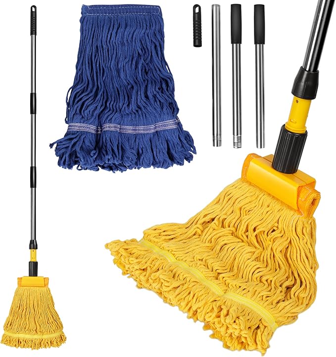 MASTERTOP Industrial Mop,Heavy Duty Looped End String Dust Mop,Commercial Mops for Home,Kitchen,Garage,Office and Concrete/Tile Floor Cleaning - 2 Cotton Heads