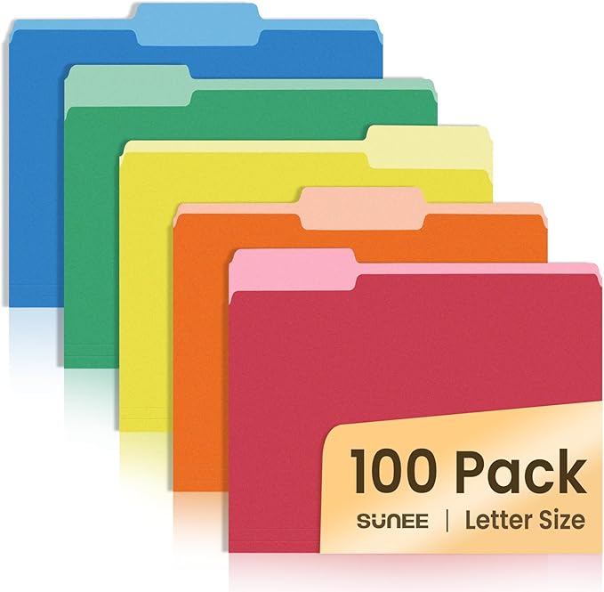 SUNEE File Folders Letter Size Assorted Colors, 100 Pack Manilla Folders 8.5 x 11 1/3-Cut Tabs, Colored File Folders Office Home School for Documents Files Paper