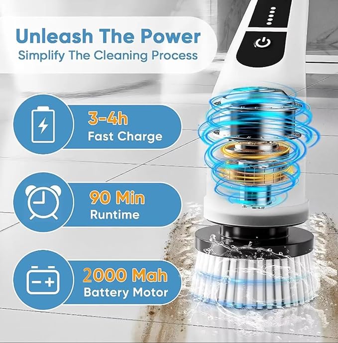 Electric Spin Scrubber, Cordless Cleaning Brush with 2 Speeds, Power Scrubber with 7 Replaceable Brush Heads and Extension Handle, Power Cleaning Brush for Floor Tile,Bathroom,Shower Bathtub,Glass,Car