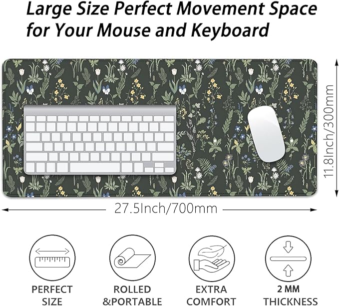 Green Plants Flowers Desk Pad Mouse Pad,Large Floral Mouse Mat with Stitched Edges,Non-Slip Rubber Base Elegant Mousepad for Office PC Keyboard Laptop and Home Work Desk Mat(27.5X11.8 in)