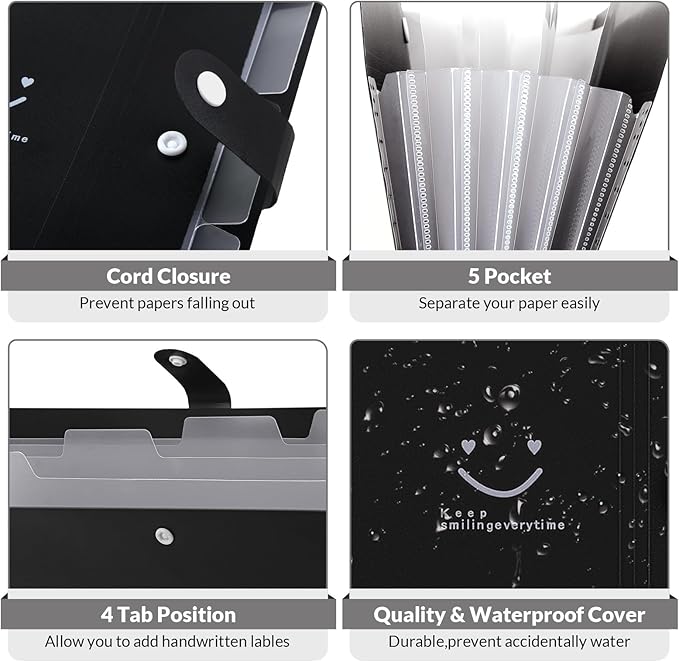 SKYDUE File Folder with 8 Labels, 5 Pockets Accordion Paper Organizer for School and Office，A4 Letter Size，Black