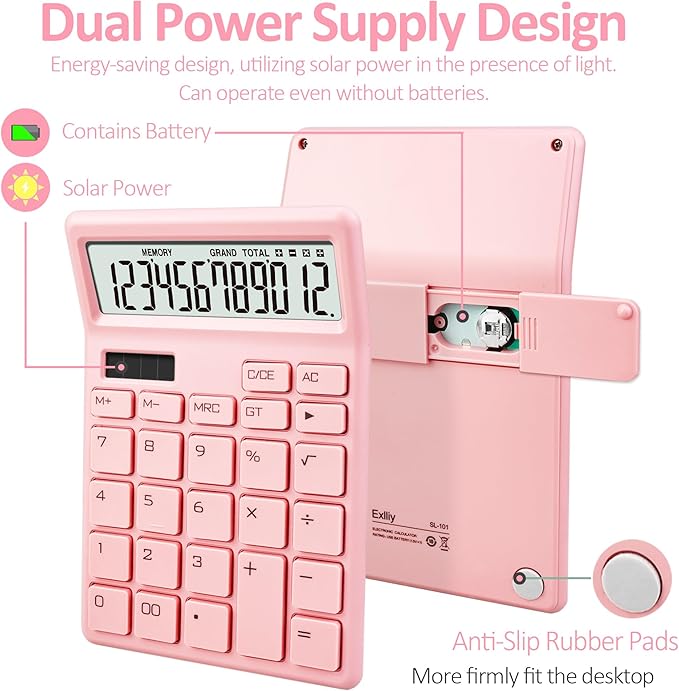 Desk Calculator 12 Digit,Pink Desktop Dual Power Battery and Solar,Desk Calculators with Large LCD Display,Perfect for Home, Office,and School Use,Auto Sleep