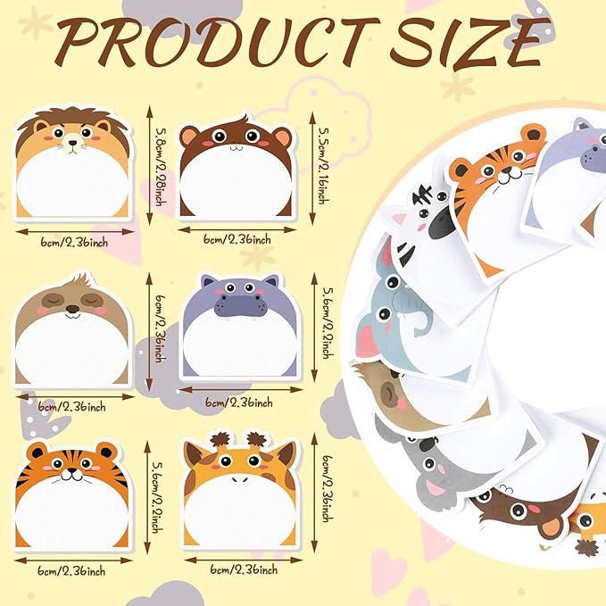 Yinder 24 Pads Cute Sticky Notes Kawaii Fun Animal Sticky Notes Pads Bulk Cartoon Memo Self Adhesive for Veterinary Gift Office School Tab Party Supplies(Safari Animals)