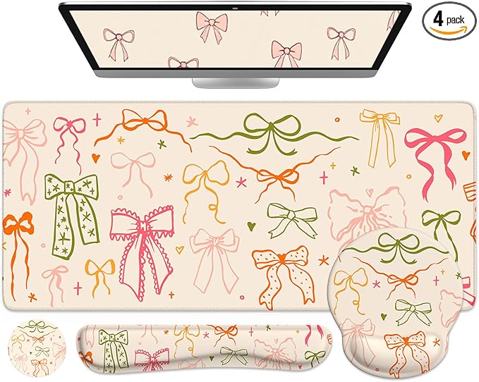 iCasso Desk Pad Mat, Large Mouse Pad and Keyboard Wrist Rest Set, Desk Protector Mat,4in1 Ergonomic Carpal Tunnel Keyboard Pad with Wrist Support for Desktop Home Office Computer (Colorful Ribbon)